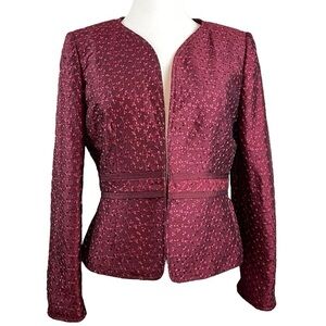 Nipon Boutique Embroidered Floral Leaf Collarless Formal Jacket Maroon Size 4